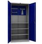 Шкаф за инструменти PMT 1995 T23 - сини врати, които са отворени широко, сниман отблизо, празен отвътре, с 3 големи рафта