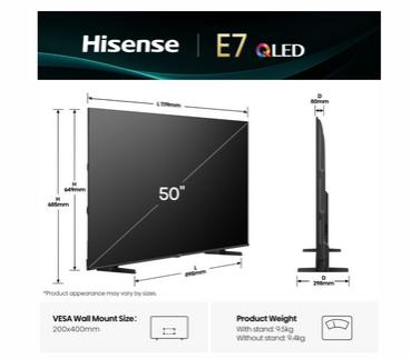 Телевизор Hisense 50' E7Q, 4K Ultra HD 3840x2160, QLED, Quantum Dot, HDR 10+, HLG, Dolby Vision, DTS Virtual X, Smart TV, WiFi, Light Sensor, BT, Anyview Cast, 3xHDMI, 2xUSB, LAN, CI+, DVB-T2/C/S2, Black