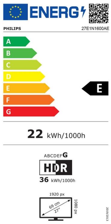 Монитор Philips 27E1N1600AE, 27' IPS WLED, 2560x1440@100Hz, 4ms GtG, 1ms MPRT, 350cd m/2, 1500:1, Mega Infinity DCR, Adaptive Sync, FlickerFree, Low Blue Light, 2Wx2, Tilt, Height Adjust, HDMI, USB hub