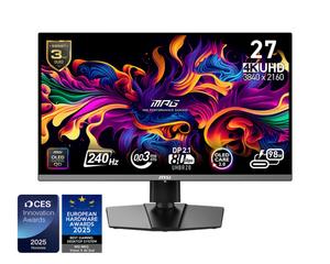 Монитор MSI MPG 272URX QD-OLED, 26.5', 0.03ms, 240Hz, 3840x2160 (UHD), 16:9, FLAT, Oled care 2.0, G-Sync Compatible, ClearMR 13000, HDR, 1.5M:1, 100M:1, DP(2.1a), 2xHDMI 2.1, 1xTypeC DP alt. w/PD (98W), USB HUB, Pivot, Heigh Adj., Black, 8kg