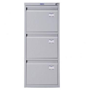 Метална картотека PMT с 3 чекмеджета - сива, снимана в профил, със затворени чекмеджета