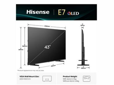 Телевизор Hisense 43' E7Q, 4K Ultra HD 3840x2160, QLED, Quantum Dot, HDR 10+, HLG, Dolby Vision, Light Sensor, Smart TV, WiFi 5GHz, WiFi Direct, BT, Anyview Cast, 3xHDMI, 2xUSB, LAN, CI+, DVB-T2/C/S2, Black