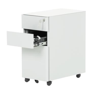 Метален контейнер F BTL с 3 чекмеджета - сниман от десен ъгъл, с отворено средно чекмедже, сив на цвят, празен отвътре