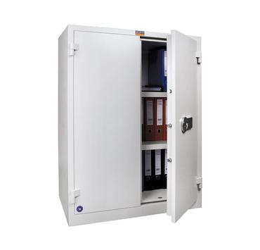 Архивен шкаф PMT огнеупорен с 3 отделения 122x93x52 см- леко отворен, пълен с класьори вътре, сниман под ъгъл