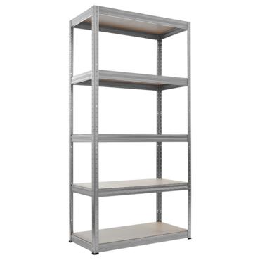 Снимка отпред: Метален стелаж, цинково покритие, МДФ рафтове, регулируема височина