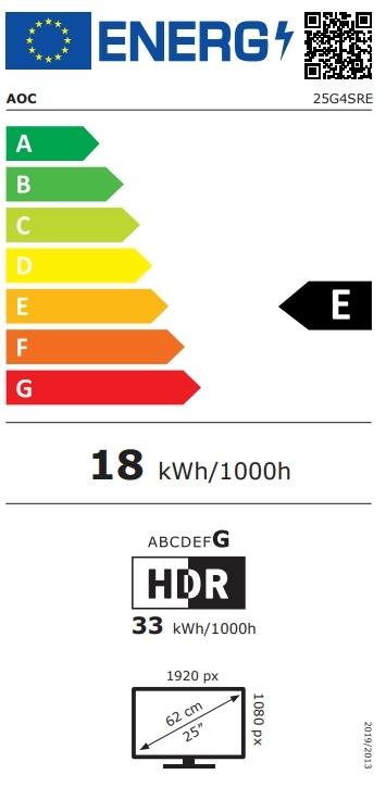 Монитор AOC 25G4SRE, 24.5' Fast IPS WLED, 1920x1080@300Hz (OC 310Hz), 1ms GtG, 0.3ms MPRT, 400cd m/2, 1000:1, 80M:1 DCR, Adaptive Sync, FlickerFree, Tilt, 2xHDMI, DP