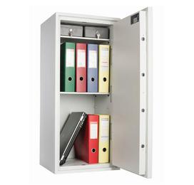 Метален сейф SB 1000 KL - сив на цвят, отворен, пълен с класьори