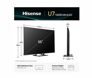 Телевизор Hisense 55' U7Q, 4K Ultra HD 3840x2160, ULED, FALD, Quantum Dot, 144Hz, IPS, HDR 10+, HLG, Dolby Vision IQ, Dolby Atmos, Smart TV, WiFi 5GHz, WiFi Direct, BT, Anyview Cast, 4xHDMI, 2xUSB, LAN, CI+, DVB-T2/C/S2, Black