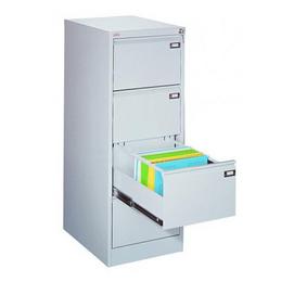 Метална картотека FRT SZK с 4 чекмеджета - сива на цвят, снимана отстрани, с отворено предпоследно чекмедже, пълно с папки