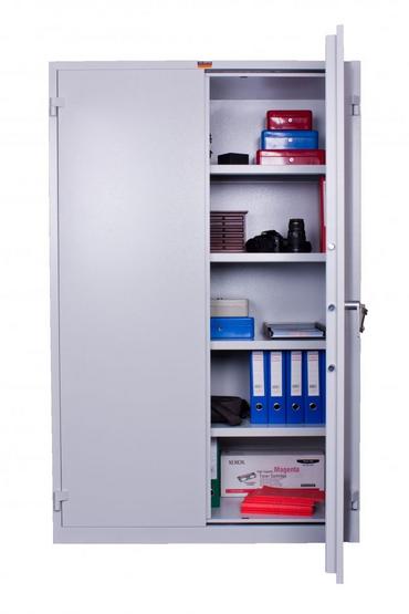 Архивен шкаф PMT огнеупорен с 5 отделения 195x125x52 см- с една отворена врата, с наредени документи, сниман отпред