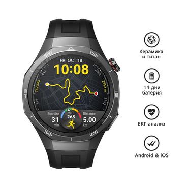 Часовник Huawei Watch GT5 Pro Vili-B29F, 1.43', Amoled, 466x466, PPI 326, BT5.2, BLE/BR/EDR, 524mAh, 40-meter free diving, HUAWEI TruSense System, ECG analysis, Battery life up to 14 days, Compatible with iOS and Android devices, Black Fluoroelastomer