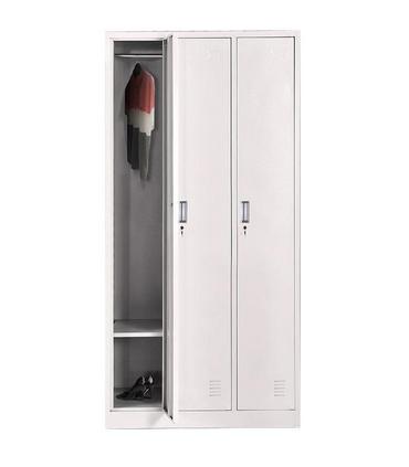 Метален гардероб FRT с 3 отделения 185х90х45 см - сниман отпред, лявата врата отворена, пълен с дрехи, сив