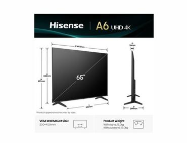 Телевизор Hisense 65' A6Q, 4K Ultra HD 3840x2160, DLED, DFA, Precision Colour, HDR 10+, HLG, Dolby Vision, DTS Virtual X, Smart TV, WiFi, BT, Light Sensor, Gaming Mode, 1xHDMI2 eArc, 3xHDMI, 2xUSB, LAN, CI+, DVB-T2/C/S2, Black