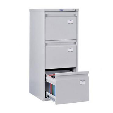 Метална картотека PMT с 3 чекмеджета - сива на цвят, с отворено долно чекмедже, снимана отстрани