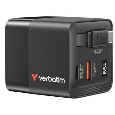 Зарядно устройство Verbatim Mini GaN Charger 65W 2 Port retractable cable display US plugs with EU and UK adaptors