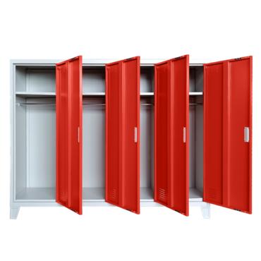 Метален гардероб детски BTL JZ с 4 отделения 130x160x40 см червен с 4 отворени врати, по един рафт на отделение и лостове за закачалки