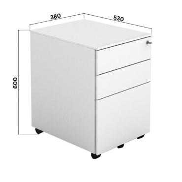 Метален контейнер FRT с 3 чекмеджета - сниман от ляв ъгъл, сиво, със затворени чекмеджета. Оразмерено по страници