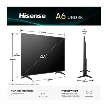 Телевизор Hisense 43' A6Q, 4K Ultra HD 3840x2160, DLED, DFA, Precision Colour, HDR 10+, HLG, Dolby Vision,Light sensor, Smart TV, WiFi, BT, AnyView Cast, Gaming Mode, 1xHDMI2 eArc, 3xHDMI, 2xUSB, LAN, CI+, DVB-T2/C/S2, Black
