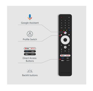 Телевизор Thomson Smart UHD TV 55'; Google TV; 3840 x 2160 (4K UHD), 5000:1, DLED, 60 Hz, DVB-T/T2/C/S/S2, HDR10, Wi-Fi, Bluetooth, LAN, HDMI 2 (2.0) + 2 (2.1), USB 2 (2.0) + 1 (3.0), Side Feet, Black