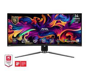 Монитор MSI MAG 341CQP QD-OLED, 34', 175Hz, 0.03ms, UWQHD 3440x1440, Oled Care 2.0, Fanless Design with Graphene, ClearMR 9000, HDR True Black 400, KVM, 250 nits, 1500000:1, 100M;1, DP (1.4a), 2x HDMI (2.1), Type-C (DP alt. PD 15W), USB HUB, Adj.Stand 100