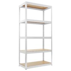 Снимка отпред: Метален стелаж BTL в бял цвят, показан отпред с видими МДФ рафтове и регулируема височина