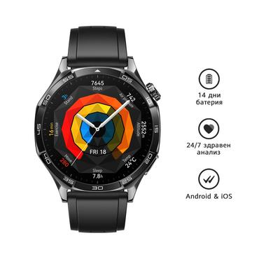 Часовник Huawei Watch GT5 Vili-B19F, 1.43', Amoled 466x466 PPI 326, BT5.2 BLE/BR/EDR, 5ATM, 524mAh, Screenshot sharing, support message input, message notifications, Battery life up to 14 days, Compatible with iOS and Android devices, Black Fluoroelastome