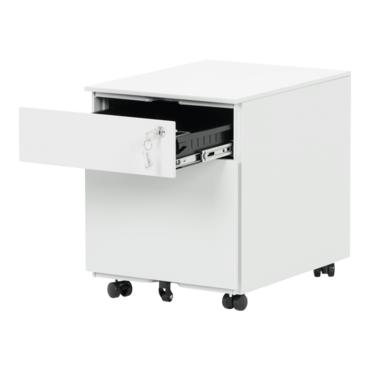 Метален контейнер K BTL с 2 чекмеджета - сив цвят, с отворено горно чекмедже, празен, сниман от десен ъгъл