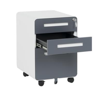 Метален контейнер H BTL с 3 чекмеджета, сив с графитени вратички, с отворено средно чекмедже, сниман под ъгъл