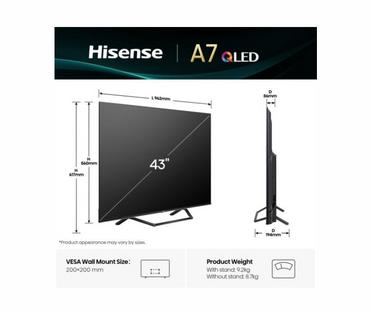 Телевизор Hisense 43' A7Q, 4K Ultra HD 3840x2160, QLED, FALD, Quantum Dot, HDR 10+, HLG, Dolby Vision, Dolby Atmos, Smart TV, WiFi 5GHz, WiFi Direct, BT, Anyview Cast, 3xHDMI, 2xUSB, LAN, CI+, DVB-T2/C/S2, Black