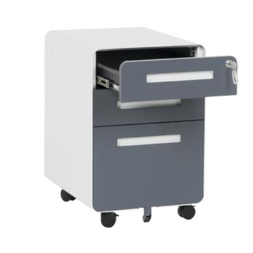 Метален контейнер H BTL с 3 чекмеджета, сив с графитени вратички, с отворено горно чекмедже, сниман под ъгъл