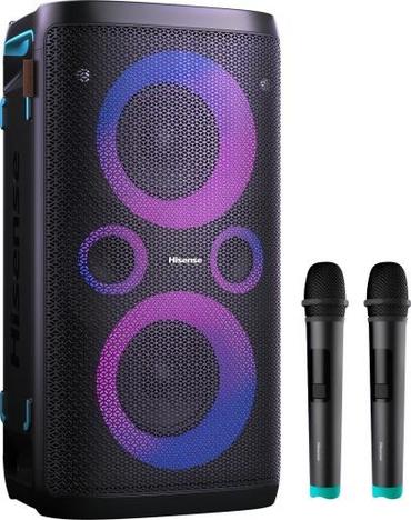 Аудио система Hisense Party Rocker One Plus (HP110) Bluetooth Speaker with 300W Power, Built-in Woofer, Karaoke Mode, Built-in Wireless Charging Pad, AUX Input and Output, USB, 15 Hour Long-Lasting Battery 4 x 2500Ah, 2x mics included, Black