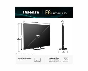 Телевизор Hisense 75' E8Q, 4K Ultra HD 3840x2160, ULED, Quantum Dot,144 Hz, HDR 10+, HLG, Dolby Vision, DTS Virtual X, Smart TV, Light Sensor, WiFi Direct, BT, Anyview Cast, 3xHDMI, 2xUSB, LAN, CI+, DVB-T2/C/S2,Singale stand, Black