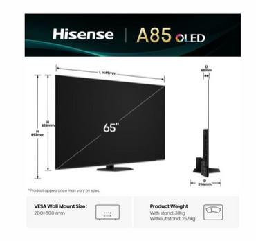 Телевизор Hisense 65' A85Q, 4K UHD OLED Smart TV, 120Hz, 1000 nits,HDMI 2.1, Game Mode Pro, AMD FreeSync Premium, Dolby Vision IQ & Atmos, Bluetooth, Alexa Built-in, Black