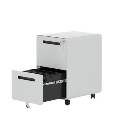 Метален контейнер K BTL с 2 чекмеджета, сив, сниман от десен ъгъл, с отворено долно чекмедже, празен