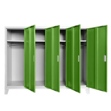 Метален гардероб BTL JZ с 4 отделения 130x160x40 см зелен с 4 отворени врати, по един рафт на отделение и лостове за закачалки