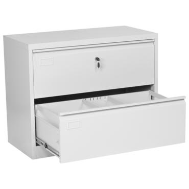 Метална картотека J BTL с 2 чекмеджета - снимана отстрани, сива на цвят, с долното чекмедже отворено.