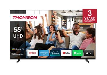 Телевизор Thomson Smart UHD TV 55'; Google TV; 3840 x 2160 (4K UHD), 5000:1, DLED, 60 Hz, DVB-T/T2/C/S/S2, HDR10, Wi-Fi, Bluetooth, LAN, HDMI 2 (2.0) + 2 (2.1), USB 2 (2.0) + 1 (3.0), Side Feet, Black
