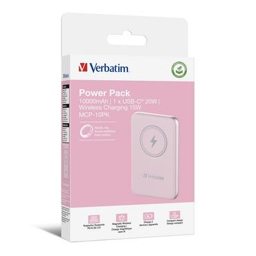 Външна батерия Verbatim MCP-10PK Power Pack 10000 mAh with UBS-C® PD 20W / Magnetic Wireless Charging 15W Pink