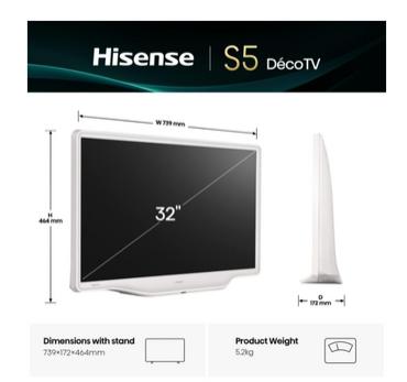 Телевизор Hisense 32' S5Q, Full HD 1920x1080, QLED, 220 nits, HDR, HLG, DTS HD, Light Sensor, Dolby Audio, Smart TV, WiFi, WiFi Direct, 2xHDMI, 2xUSB, LAN, CI+, DVB-T2/C/S2, White
