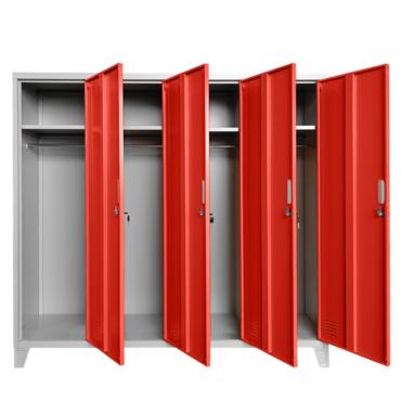 Метален гардероб BTL JZ с 4 отделения 150x159x40 см червен с 4 отворени врати и 4 рафта