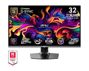 Монитор MSI MPG 322URX QD-OLED, 31.5', 0.03ms, 240Hz, Flat, 3840x2160 UHD, 16:9, G-Sync Compatible, HDR True Black 400, 450 nits, 99% DCI-P3, AG, 1.5M:1, 100M:1, DP(2.1a), 2xHDMI 2.1, 1xTypeC DP alt. w/PD (98W), USB HUB, Pivot, Heigh Adj., VESA, Black, 9.