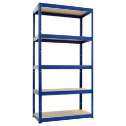 Снимка отпред – син метален стелаж BTL 180x90x40 см с 5 МДФ рафта