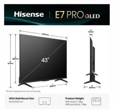 Телевизор Hisense 43' E7Q Pro, 4K Ultra HD 3840x2160, QLED, Quantum Dot, 144Hz, HDR 10+ adaptive, HLG, Dolby Vision, DTS Virtual X, Smart TV, WiFi 5GHz, WiFi Direct, BT, Anyview Cast, 3xHDMI, 2xUSB, LAN, CI+, DVB-T2/C/S2, Black