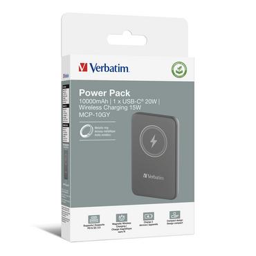 Външна батерия Verbatim MCP-10GY Power Pack 10000 mAh with UBS-C® PD 20W / Magnetic Wireless Charging 15W Grey