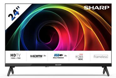 Телевизор Sharp 24HA1205E, 24' LED HD 1366x768 Frameless, 100 000:1, DVB-T/T2/C/S/S2, Active Motion 100, Speaker 2x3W, Dolby Digital, CI+, 3xHDMI (ARC/CEC), 2xUSB, LAN, Video/Audio input (3 x RCA), Hotel Mode, E, 2 pole Stand