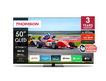 Телевизор Thomson Smart QLED Pro TV 50'; Google TV; 3840 x 2160 (4K UHD), DLED, 144 Hz, DVB-T/T2/C/S/S2, HDR10, Wi-Fi, Bluetooth, LAN, HDMI 4 (2.1), USB 2 (2.0) + 1 (3.0), Central Swivel Stand, Black