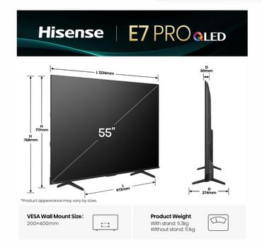 Телевизор Hisense 55' E7Q Pro, 4K Ultra HD 3840x2160, QLED, Quantum Dot, 144Hz, HDR 10+ adaptive, HLG, Dolby Vision, DTS Virtual X, Smart TV, WiFi 5GHz, WiFi Direct, BT, Anyview Cast, 3xHDMI, 2xUSB, LAN, CI+, DVB-T2/C/S2, Black