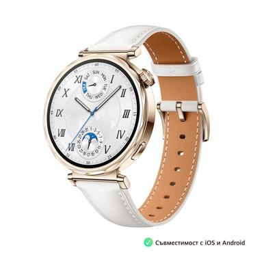 Часовник Huawei Watch GT5 Jana-B19L, 1.32', Amoled 466x466 PPI 352, , BT5.2 BLE/BR/EDR, 5ATM, 524mAh, Screenshot sharing, support message input, message notifications, Battery life up to 7 days, Compatible with iOS and Android devices, White Leather