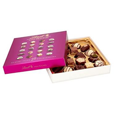 Отворена кутия с мини пралини Lindt 20 броя, розов капак