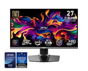 Монитор MSI MPG 272URX QD-OLED, 26.5', 0.03ms, 240Hz, 3840x2160 (UHD), 16:9, FLAT, Oled care 2.0, G-Sync Compatible, ClearMR 13000, HDR, 1.5M:1, 100M:1, DP(2.1a), 2xHDMI 2.1, 1xTypeC DP alt. w/PD (98W), USB HUB, Pivot, Heigh Adj., Black, 8kg